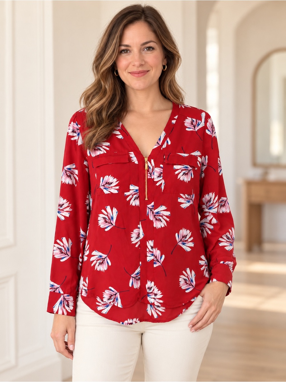 Express Red Floral Half Zip Blouse Long Sleeve Pocket Top Women’s Medium